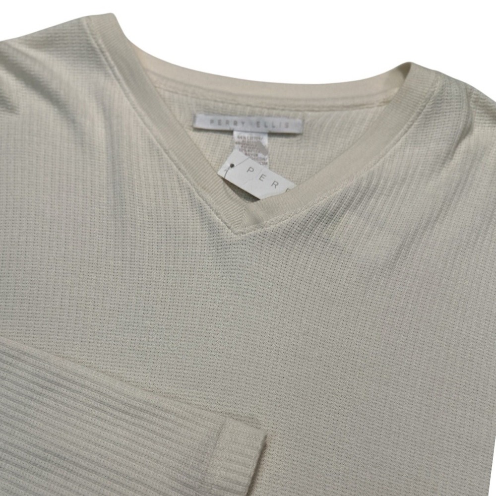 NEW Perry Ellis Portfolio Mens Crew Neck Thermal Long Sleeve Shirt Large Cream